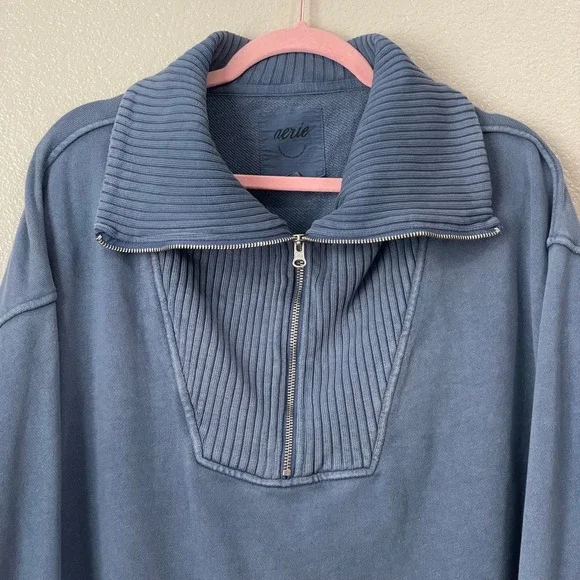 Aerie Sweatshirt Womens Large Blue Oversized Quarter Zip Ribbed Trim Cozy Cotton - Picture 4 of 11